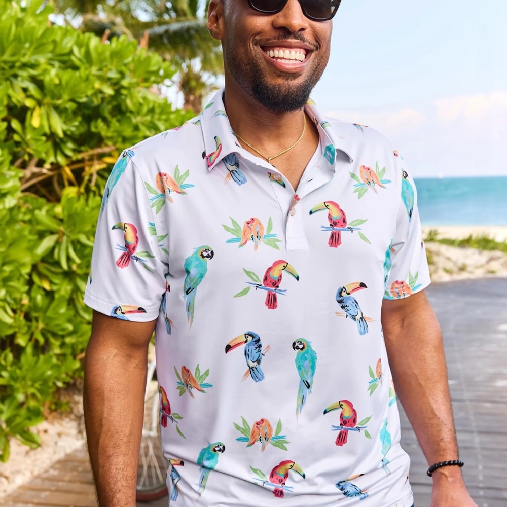 chubbies White Polo with Colorful Tropical Parrot Print
